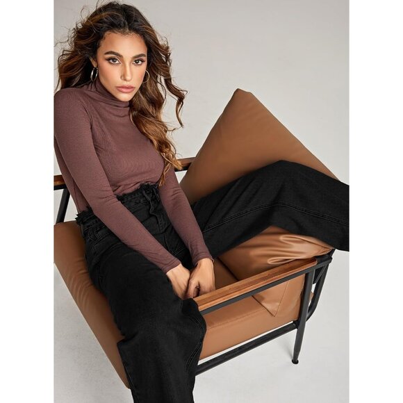 Womens High Waisted Raw Hem Jeans Stretch Wide Leg Straight Denim Pants - Picture 3 of 7